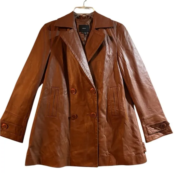 IDENTIFY Retro Brown Leather Double-Breasted Coat jacket size 8