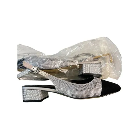 J Crew Rhinestone low-heel slingbacks Black Silver NIB New 9.5 $138