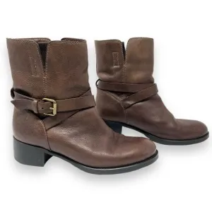 J. Crew Ryder Short Brown Leather Buckle Strap Pull On Block Heel Ankle Boots 6