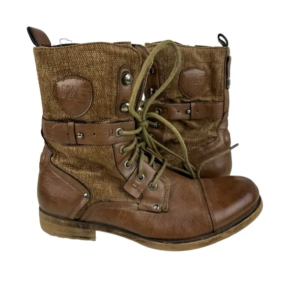 J75 by Jump Deploy Cap Toe Brown Vegan Leather and Tweed Combat Boots Sz 7