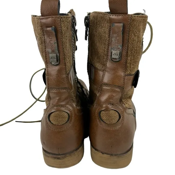J75 by Jump Deploy Cap Toe Brown Vegan Leather and Tweed Combat Boots Sz 7