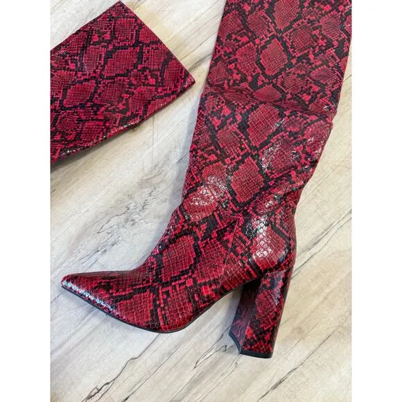 Jeffrey Campbell red snake embossed tall heeled boot