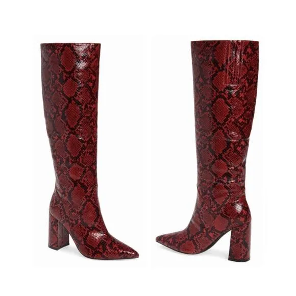 Jeffrey Campbell red snake embossed tall heeled boot