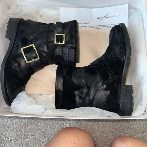 JIMMY CHOO Youth Suede Black Two Buckle  Biker Boots Sz. 36 Worn Once in Box