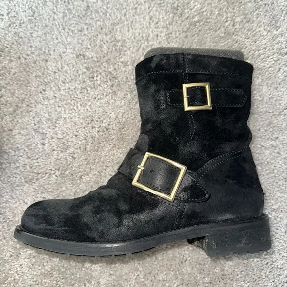 JIMMY CHOO Youth Suede Black Two Buckle  Biker Boots Sz. 36 Worn Once in Box