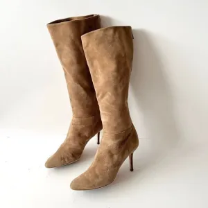 Jimmy Choo Tan Brown Suede Leather Knee High Heeled Boots Tall Riding Size 39