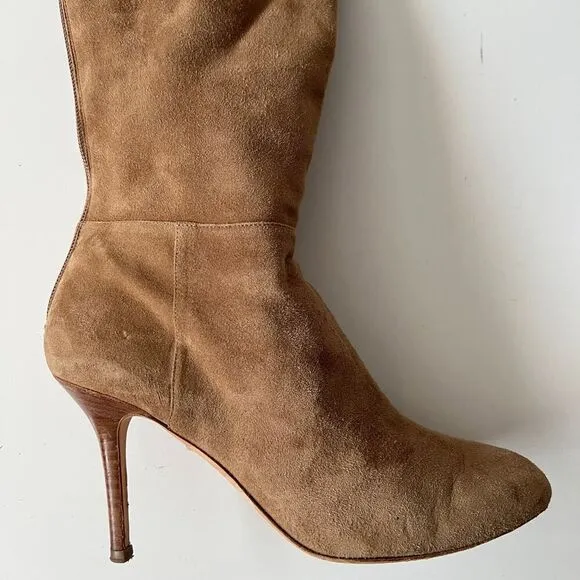 Jimmy Choo Tan Brown Suede Leather Knee High Heeled Boots Tall Riding Size 39