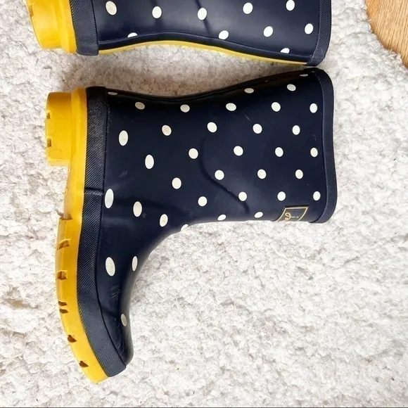 Joules Women's Molly Welly Navy White Polka Dot Yellow Lug Sole Rain Boot Sz 5