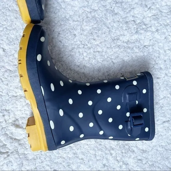 Joules Women's Molly Welly Navy White Polka Dot Yellow Lug Sole Rain Boot Sz 5