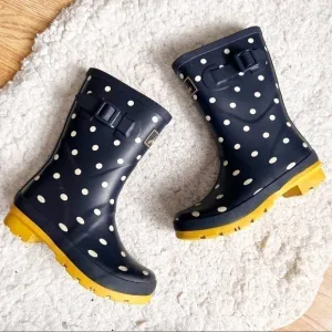 Joules Women's Molly Welly Navy White Polka Dot Yellow Lug Sole Rain Boot Sz 5