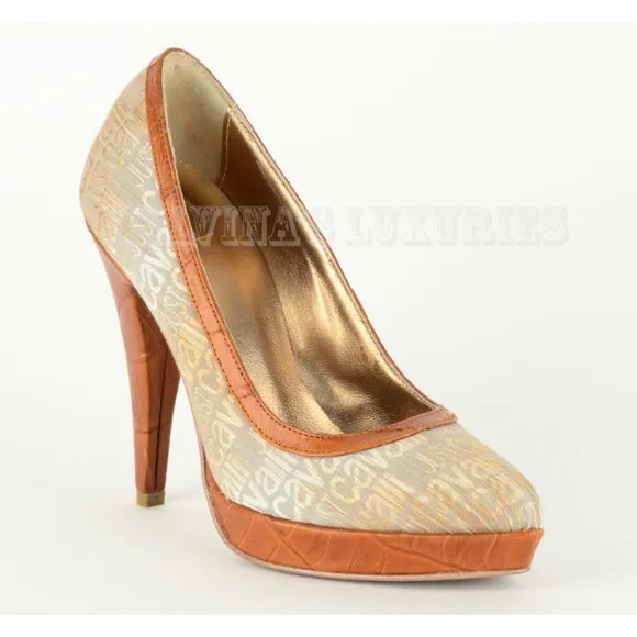 JUST CAVALLI BY ROBERTO CAVALLI SHOES LOGO SIGNATURE PUMPS CANVAS &amp; LEATHER 35 5