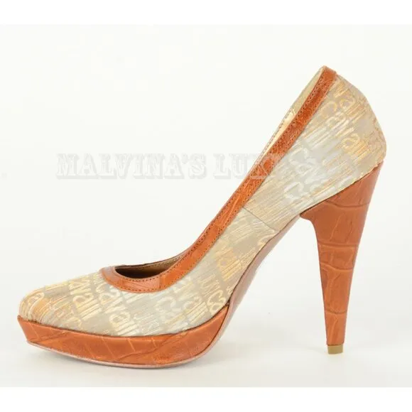 JUST CAVALLI BY ROBERTO CAVALLI SHOES LOGO SIGNATURE PUMPS CANVAS &amp; LEATHER 35 5