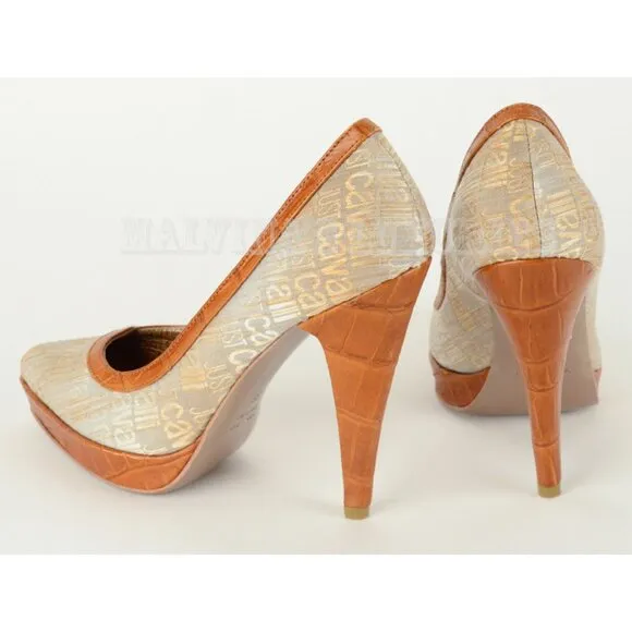 JUST CAVALLI BY ROBERTO CAVALLI SHOES LOGO SIGNATURE PUMPS CANVAS &amp; LEATHER 35 5
