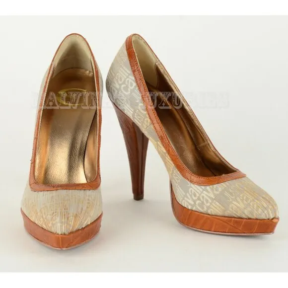 JUST CAVALLI BY ROBERTO CAVALLI SHOES LOGO SIGNATURE PUMPS CANVAS &amp; LEATHER 35 5