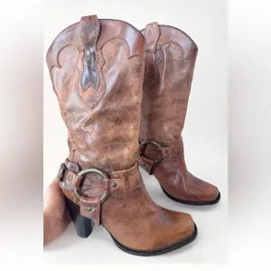 Justin Brown Tan Harness Moto Western Cowgirl Heeled Tall Boots Women’s Size 8