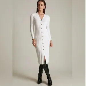 KAREN MILLEN CABLE KNIT MILITARY PENCIL DRESS IN IVORY