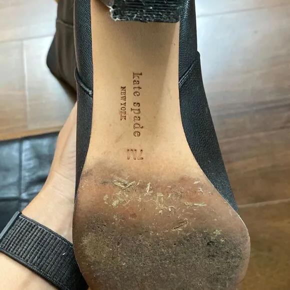 Kate Spade 7 Belinda Button tall black leather heeled boots