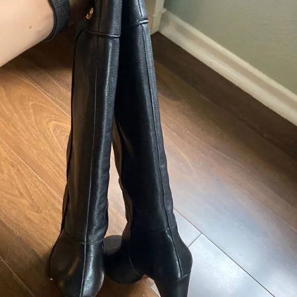 Kate Spade 7 Belinda Button tall black leather heeled boots