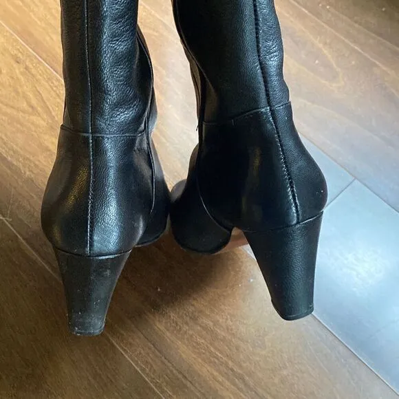 Kate Spade 7 Belinda Button tall black leather heeled boots