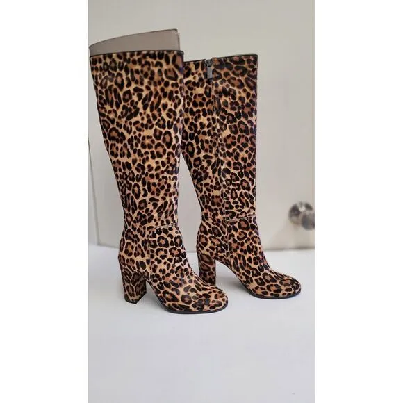 Kenneth Cole Justin Boots Size 6.5 M Leopard‎  Calf Hair Knee High Womens Shoes
