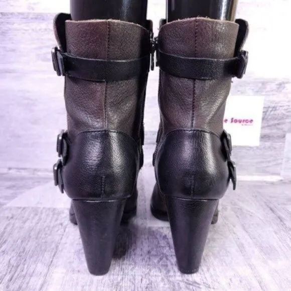 Kork Ease Anki Buckle Strap Leather Heeled Moto Boot Brown Black Women's sz 8