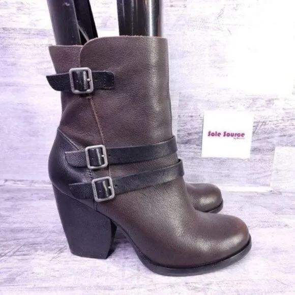 Kork Ease Anki Buckle Strap Leather Heeled Moto Boot Brown Black Women's sz 8