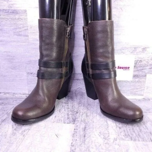 Kork Ease Anki Buckle Strap Leather Heeled Moto Boot Brown Black Women's sz 8