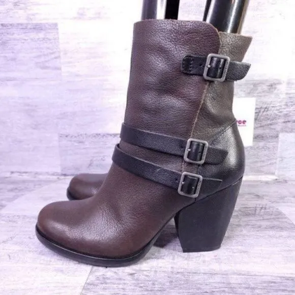 Kork Ease Anki Buckle Strap Leather Heeled Moto Boot Brown Black Women's sz 8
