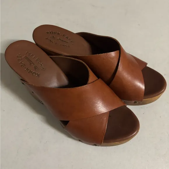 Kork-Ease Brown Leather Mules with Cross-Over Design Size 9