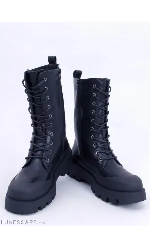Lace Up Black Leather MId-Calf Women's Combat Boots with Platform Lug Sole