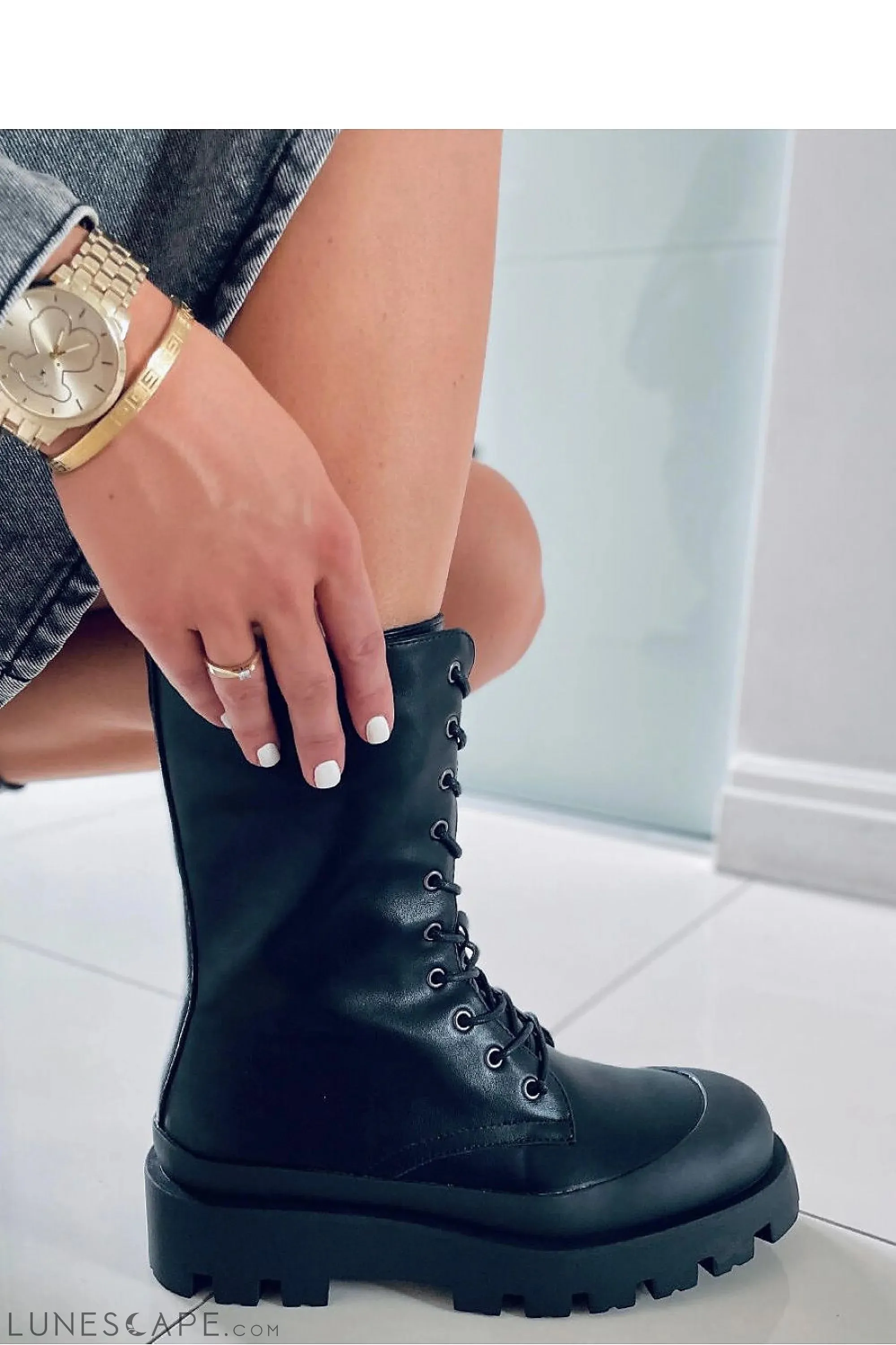 Lace Up Black Leather MId-Calf Women's Combat Boots with Platform Lug Sole
