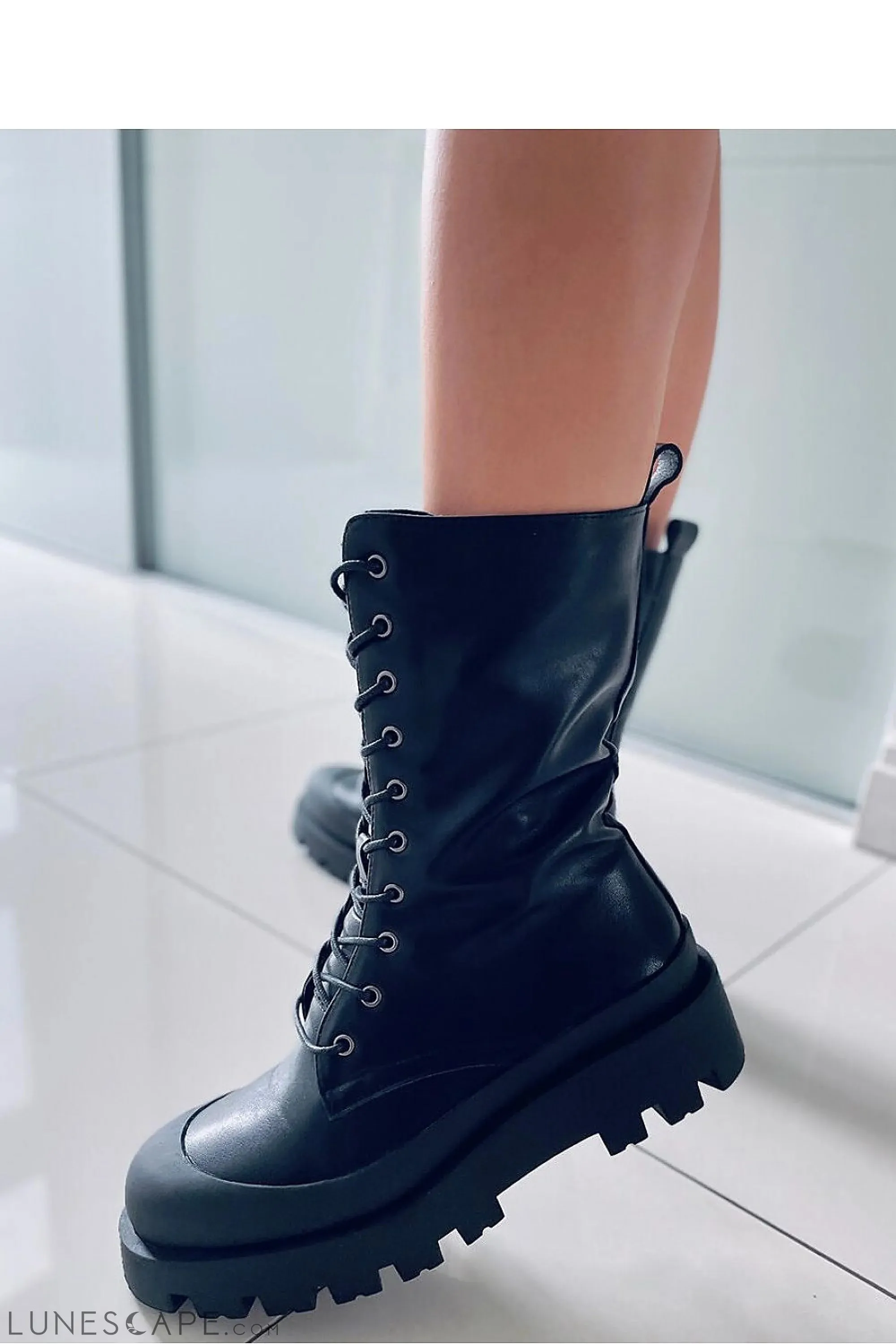 Lace Up Black Leather MId-Calf Women's Combat Boots with Platform Lug Sole