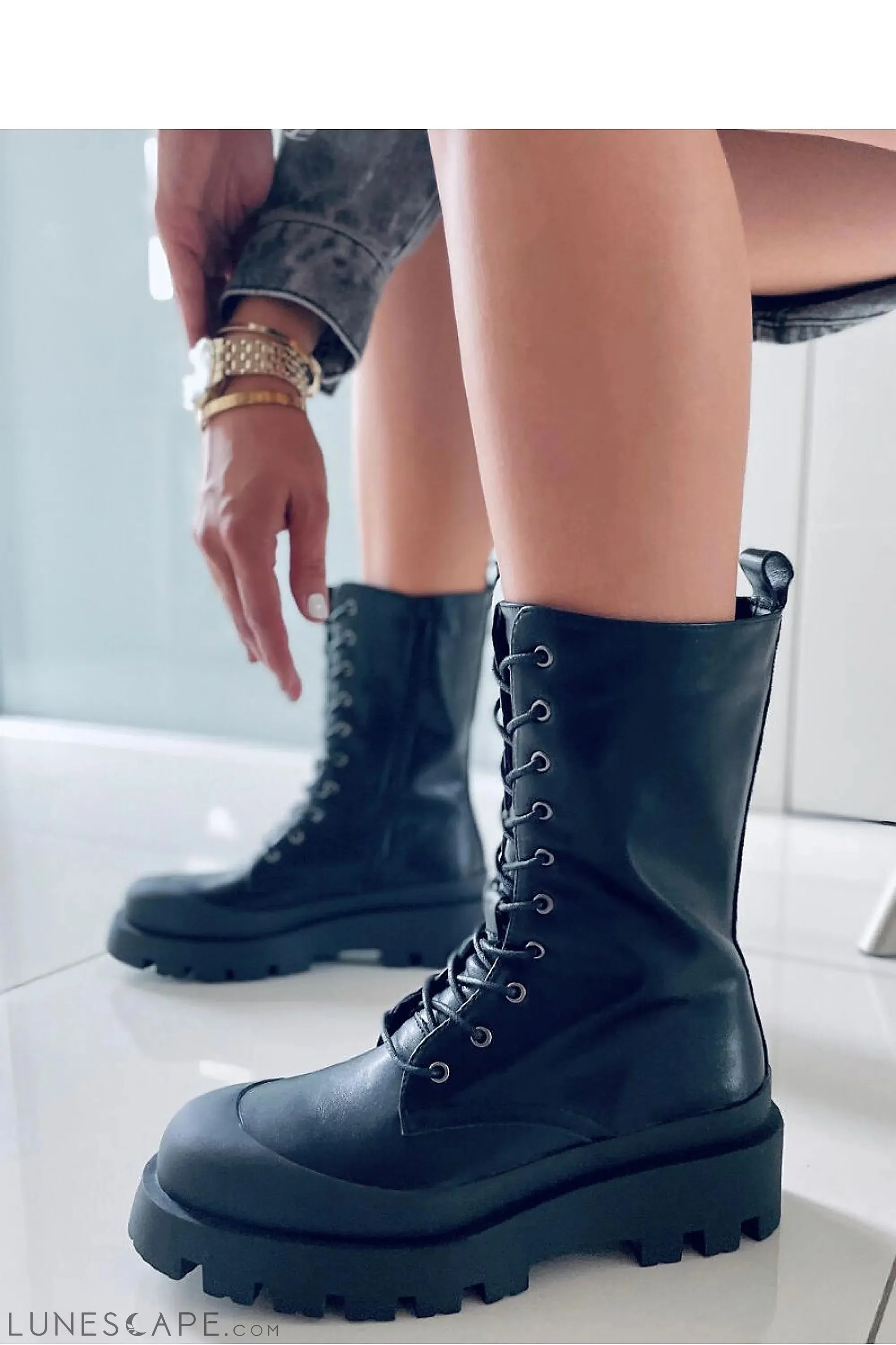 Lace Up Black Leather MId-Calf Women's Combat Boots with Platform Lug Sole