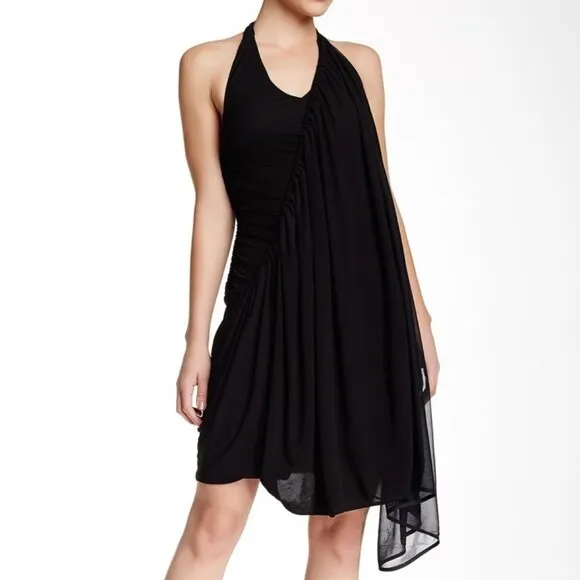 L.A.M.B. Asymmetric Knit Cape Halter Dress