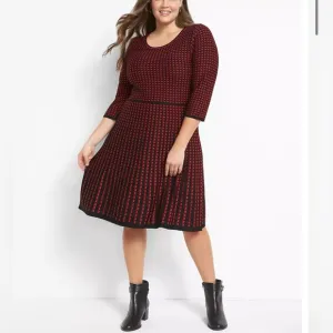 LANE BRYANT NWOT Fit/Flare 3/4 Red/Black Scoop Career/Party Sweater Dress 26/28