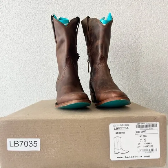 Lane PLAIN JANE Womens Midi Cowboy Boots 7.5 Brown Leather Western Cowgirl Short