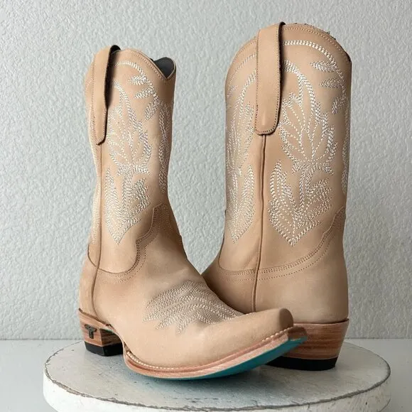Lane SANDAGA Midi Womens Cowboy Boots 7 Cowgirl Western Tan Suede Leather Short