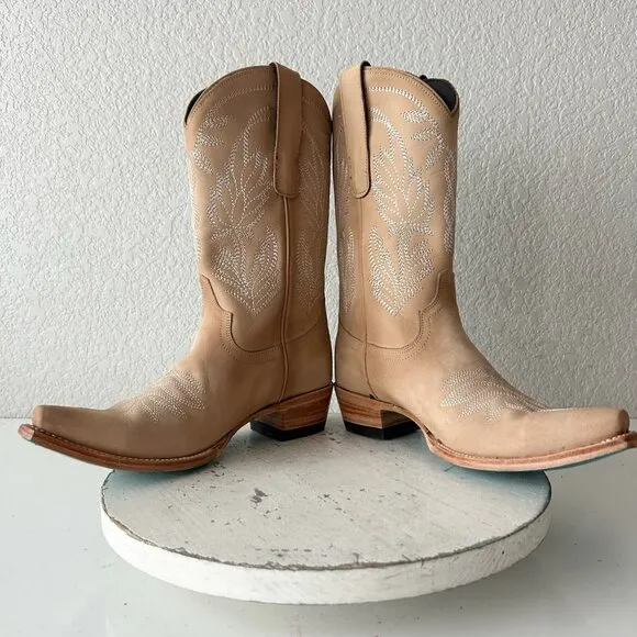 Lane SANDAGA Midi Womens Cowboy Boots 7 Cowgirl Western Tan Suede Leather Short