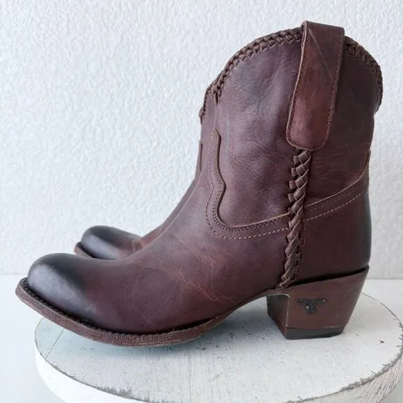 Lane PLAIN JANE PJ Womens Cowboy Bootie 9.5 Cognac Brown Short Leather Western