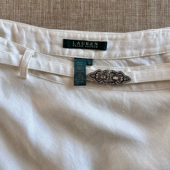Lauren Ralph Lauren Art Deco Belted Linen Midi Skirt Antique White | 10