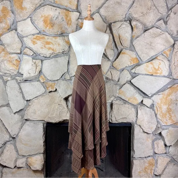 Lauren Ralph Lauren c. 1990s Silk Ruffled Skirt Taupestone Plaid | 6, 6P