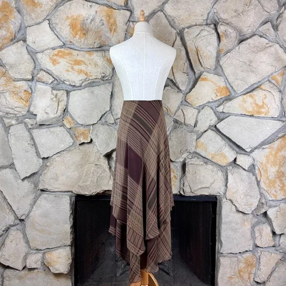 Lauren Ralph Lauren c. 1990s Silk Ruffled Skirt Taupestone Plaid | 6, 6P