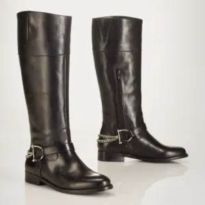 Lauren Ralph Lauren Jacqui Chain Equestrian Riding Boot Leather Tan 7.5 B black