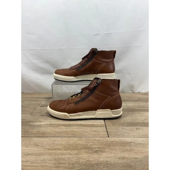 Leather High Top Casual Shoes Ankle Boots Zipper Brown