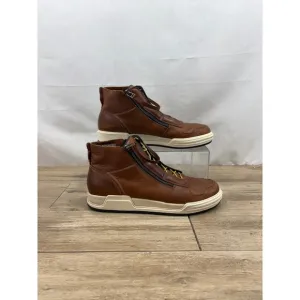 Leather High Top Casual Shoes Ankle Boots Zipper Brown