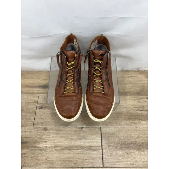 Leather High Top Casual Shoes Ankle Boots Zipper Brown