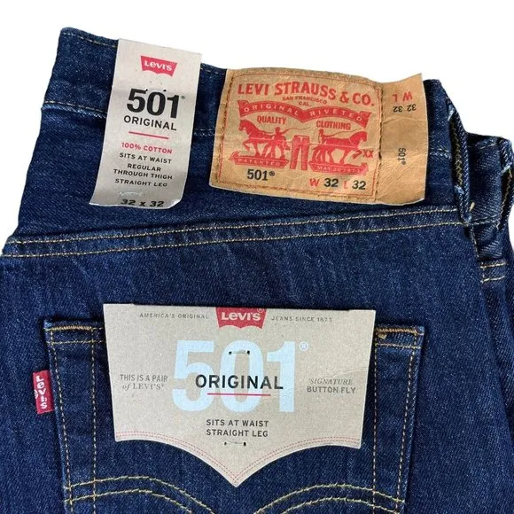 Levi's 501 Original Button Fly Dark Blue Denim Jeans Men's Sizes 32x32 - 36x32