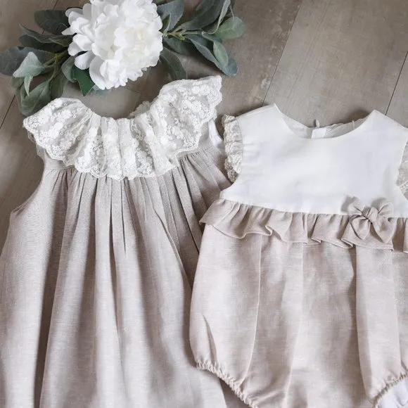 Linen Romper Baby Boy Boutique Flax/Khaki French Tucks Portrait Vacation NWT