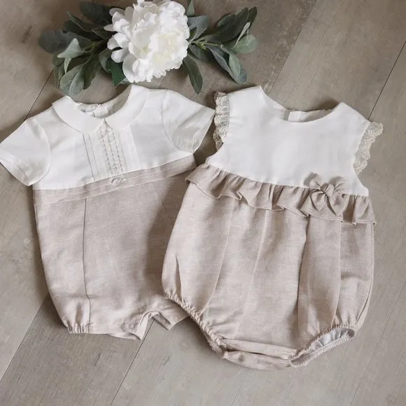 Linen Romper Baby Boy Boutique Flax/Khaki French Tucks Portrait Vacation NWT