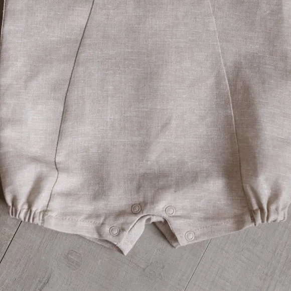 Linen Romper Baby Boy Boutique Flax/Khaki French Tucks Portrait Vacation NWT